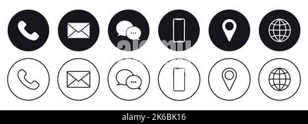Symbole für Visitenkarten-Kontaktinformationen. Visitenkarten-Symbolsatz mit verschiedenen Stilen. Dünne Linien gesetzt Stock Vektor