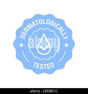Dermatologisch getestetes Vektoretikett mit Wassertropfen und Häkchen. Dermatologie-Test, Dermatologe klinisch bewährte Symbol für allergiefreie und Stock Vektor