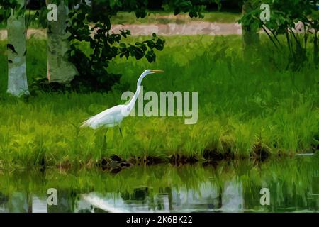 Digital erstellte Aquarellmalerei eines Großreihers oder Großreihers, der über das Wasser blickt. Stockfoto