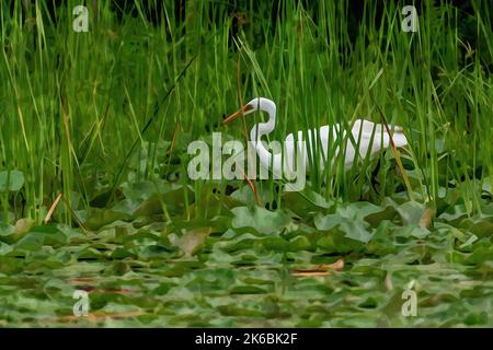 Digital erstellte Aquarellmalerei eines Großreihers oder Großreihers, der über das Wasser blickt. Stockfoto