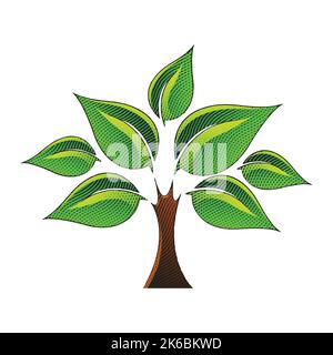 Abbildung eines gravierten Baumes mit farbenfroher Füllung auf weißem Hintergrund Stock Vektor