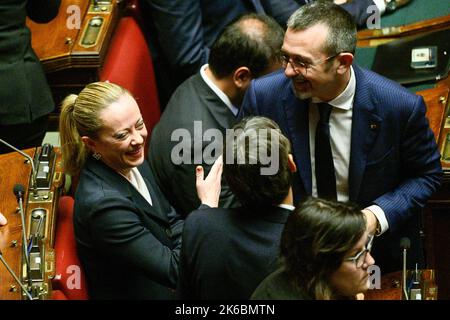 Giorgia Meloni während der konstituierenden Sitzung des italienischen Parlaments in der Abgeordnetenkammer am 13. Oktober 2022 in Rom, Italien. Stockfoto