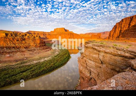 Sonnenaufgang über dem Goose Neck des Colorado River im Meander Canyon. Moab, Utah. Bears Ears National Monument mit dem Canyonlands National Park dahinter. Stockfoto