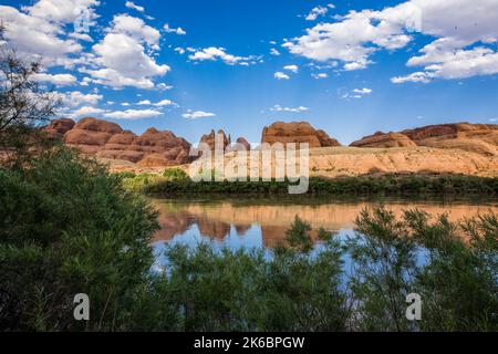 Navajo-Sandsteinformationen spiegeln sich im Colorado River in der Nähe von Moab, Utah, wider. Stockfoto