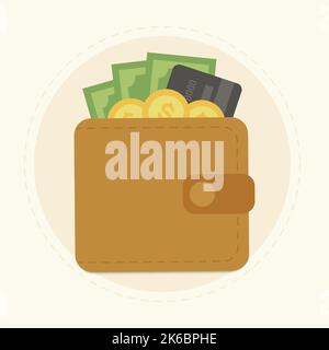 Braune Brieftasche mit grünem Papiergeld, goldenem Münzgeld und Kreditkarte. Bargeld und Kreditkarte bleiben aus dem Geldbeutel. Online-Zahlungskonzept. Vektor Stock Vektor