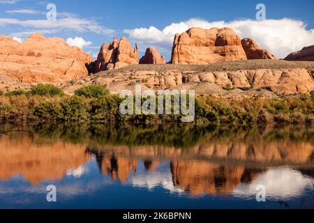 Navajo-Sandsteinformationen spiegeln sich im Colorado River in der Nähe von Moab, Utah, wider. Stockfoto