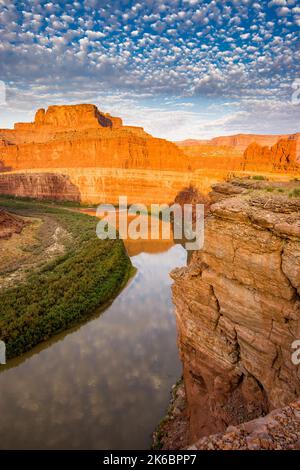 Sonnenaufgang über dem Goose Neck des Colorado River im Meander Canyon. Moab, Utah. Bears Ears National Monument mit dem Canyonlands National Park dahinter. Stockfoto