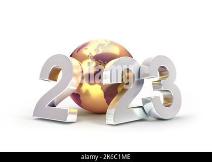 2023 Neujahrsdatum mit einem goldenen Planeten Erde, isoliert auf weiß - 3D Abbildung Stockfoto