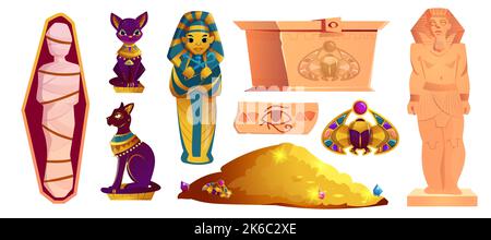 altägyptische Cartoon-Set aus goldenen Skarabäus-Käfer, bastet-Skulptur, Sarkophag des pharao, Mumie, Truhe mit Schatz und Goldstapel. Ägypten Grab, Stein mit Hieroglyphen und Statuen der alten Götter Stock Vektor