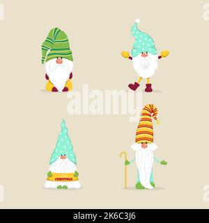 Niedliche Weihnachtsgnome. Vektorzeichen im flachen Stil. Set von Weihnachtsgnomen mit Geschenken Süßigkeiten Illustration Stock Vektor