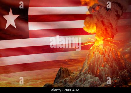 Großer Vulkanausbruch in der Nacht mit Explosion auf Liberia Flagge Hintergrund, leiden unter Ausbruch und Vulkanasche Konzept - 3D Illustration von Natu Stockfoto