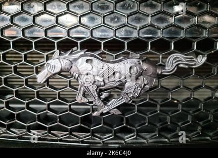 Eine Nahaufnahme des Ford Mustang Logos auf dem Kühlergrill Stockfoto