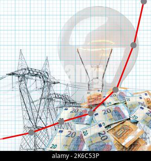 Abstraktes Finanzdiagramm mit einem aufwärtstrendierten Strompreis auf Euro-Banknoten und Strommasten und Glühbirne. Konzept exponentiell inklusive Stockfoto