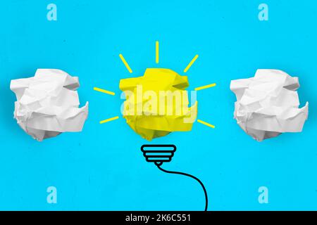 Collage Foto von abstrakt kreativ Idee Phantasie Trash Papier Ball Sonne Licht gelb Lösung Entscheidung Inspiration isoliert auf cyan Farbe Hintergrund Stockfoto