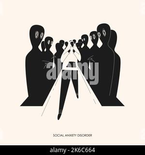 Soziale Angststörung Konzept Kunst handgezeichnete Vektor-Illustration. Gestresster und verängsteter Mann mit psychologischen Problemen versteckt sich vor neugierigen Augen. Stock Vektor