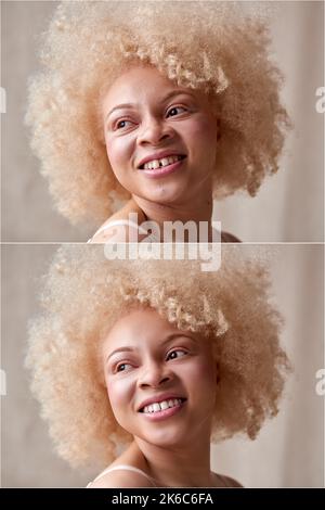 Zusammengesetzte Aufnahme Mit Kopf Und Schultern Foto Einer Frau Vor Und Nach Der Retusche Stockfoto