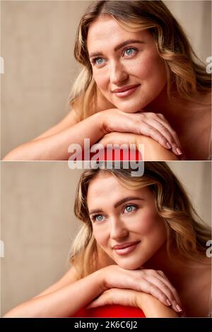 Zusammengesetzte Aufnahme Mit Kopf Und Schultern Foto Einer Frau Vor Und Nach Der Retusche Stockfoto