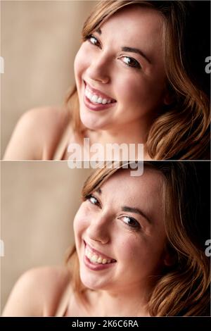 Zusammengesetzte Aufnahme Mit Kopf Und Schultern Foto Einer Frau Vor Und Nach Der Retusche Stockfoto