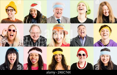 Sei mutig und sei du. Collagierte Aufnahme einer vielfältigen Gruppe von Menschen, die im Studio stehen und posieren, während sie Hüte tragen. Stockfoto