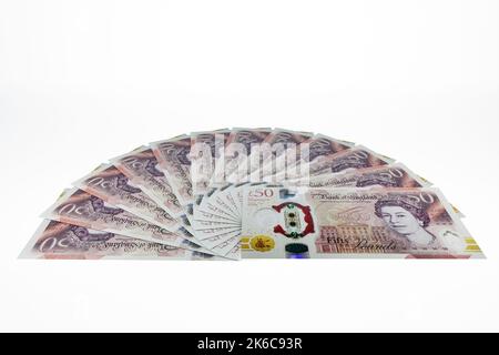 Britische Geldscheine Fan von britischen Polymer £50 Banknoten fünfzig Pfund-Banknoten britische Währung Stockfoto