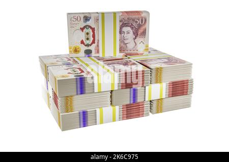 Stapel Stapel Stapel britischer Geldstapel Stapel britischer Polymer-£50-Scheine bündeln Bündeln von 50-Pfund-Banknoten Stockfoto