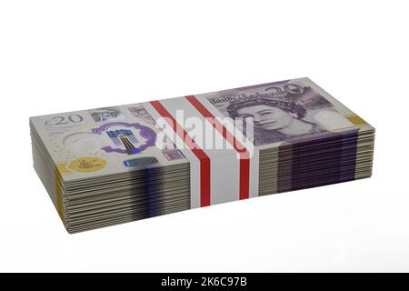 Stapel Stapel Stapel britischer Geldstapel Stapel britischer Polymer-£20-Scheine bündeln Pakete mit 20-Pfund-Banknoten Stockfoto
