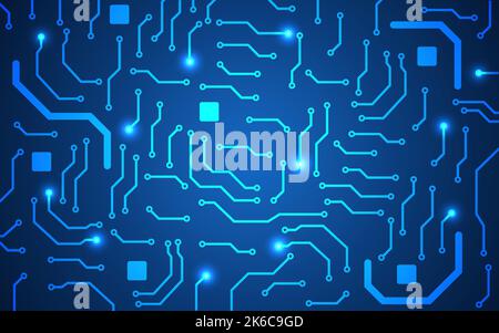 Leiterplatte. Blauer technischer Hintergrund. Futuristisches Technologiekonzept. Helle elektronische Anschlüsse. Moderne Mainboard-Tapete. Abstrakte Software Stock Vektor