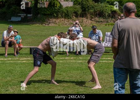 Zwei junge Brüder im Teenageralter treten beim Grand Cornish Wrestling Tournament auf dem malerischen Dorfgrün von St. Mawgan in Pydar in Cornwall in an Stockfoto