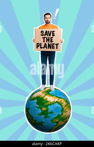 Kreative Foto 3D Collage Poster Postkarte Kunstwerk des ernsten Menschen stehen Erde halten Karte ermutigen speichern Planeten isoliert auf Zeichnung Hintergrund Stockfoto