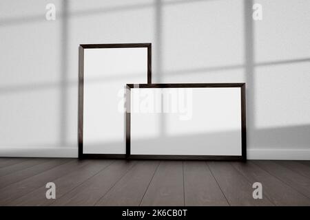 Nachbildung des Rahmens in Nahaufnahme im inneren Hintergrund des Hauses, Boho-Stil, 3D Render Stockfoto