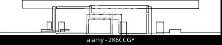 Kontinuierliche Linienzeichnung der Gebäudekonstruktion der Tankstelle. Tankstellenservice, Design im Stil einer Linie. Vektorgrafik Stock Vektor