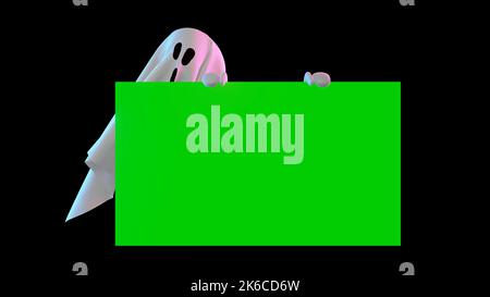 Niedliches weißes Tuch Halloween Geist schwimmend hält ein grünes Bildschirmbrett für Text, Foto, Video etc. Schwarzer Hintergrund. 3D Rendern. Stockfoto