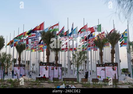 Die Flag Plaza zeigt 119 Flaggen aus Ländern mit zugelassenen diplomatischen Missionen, darunter Flaggen der Europäischen Union, der Vereinten Nationen und des GCC Stockfoto