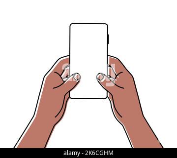Männliche Hände mit Mobiltelefon-Hand gezeichnet mit dünner Linie. Vektordarstellung auf weißem Hintergrund isoliert Stock Vektor