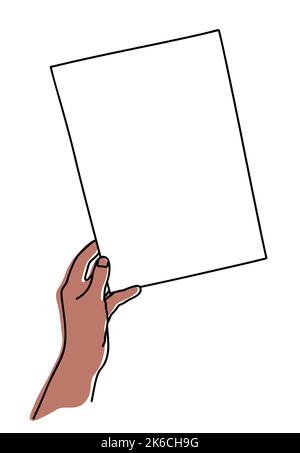 Hand mit A4 Blatt Papier, handgezeichnet mit dünner Linie. Dokument präsentieren, Memo zeigen, Bildvorlage. Vektorgrafik isoliert auf weißem BA Stock Vektor