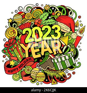 2023 Kritzeleien Illustration. Neujahrs-Objekte und Elemente-Poster Stock Vektor
