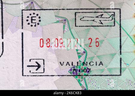 Valencia Passstempel im britischen Pass nach Brexit 08.09.22 Ankunft Stockfoto