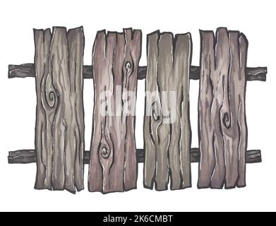 Handbemalter Cartoon-Zaun. Grafikdesign-Element für Scrapbooking, Spiel-App, Cartoon-Szene, Website-Banner, Rahmen. Handgezeichnet mit Markern. Aus Holz Stockfoto