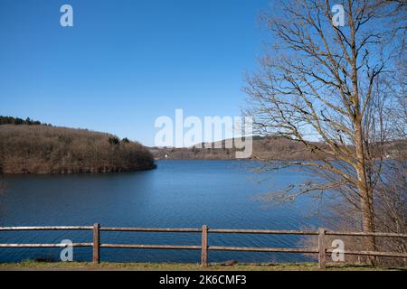 Panoramalandschaft des Ronsdorfer Stausees im Sommer, Erholungs- und Wandergebiet des Bergischen Landes, Deutschland Stockfoto