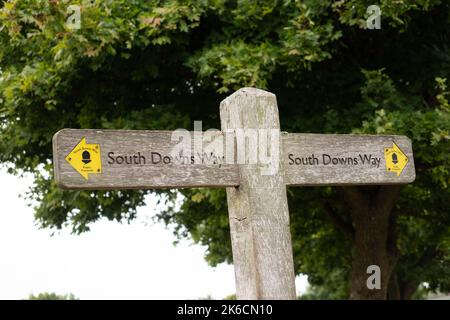 Hölzerner Wegweiser mit Wanderzeichen für den South Downs Way in Hampshire England Stockfoto