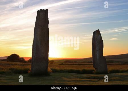 Machrie Moor Sone Circle 2 in Backlight, Machrie, Arran, Isle of Arran, Bute, Buteshire, Schottland, Vereinigtes Königreich, Großbritannien Stockfoto