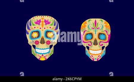 Zwei Totenschädel mit hellen, reich verzierten Blumenmustern für das traditionelle mexikanische Fest Day of the Dead. Isolierte Symbole, Cartoon-Design-Elemente für Drucke Stock Vektor