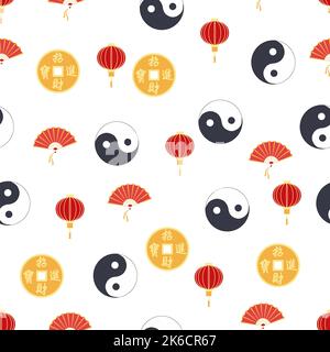 Chinesisches nahtloses Muster mit feng Shui chinesische Münze mit Loch, Yin-Yang, Fächer, Papierlaterne. Stock Vektor