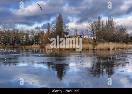 Tongrubenteich im Szczesliwicki Park im Stadtteil Ochota in Warschau, der Hauptstadt Polens Stockfoto