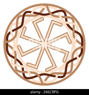 Ladinets, weibliche Kolovrat, ein slawisches Symbol, das mit skandinavischen Webornamenten verziert ist. Beige trendig, Design mit Runen und Sonne Stock Vektor