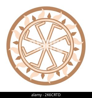 Ladinets, weibliche Kolovrat, ein slawisches Symbol, das mit skandinavischen Webornamenten verziert ist. Beige trendig, Design mit Runen und Sonne Stock Vektor