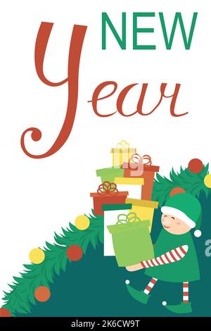 Neujahrsangebot. Weihnachtsbaum mit Ballons. Vertikales Banner, Broschüre. Werbedesign.Ein Weihnachtself im grünen Mantel mit Geschenken. Stock Vektor