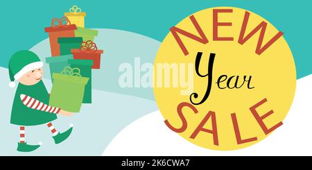 Neujahrsangebot. Horizontales Banner, Broschüre. Werbedesign.Ein Weihnachtself im grünen Mantel mit Geschenken. Stock Vektor