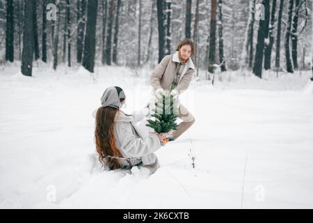 Rodeln Liebe romantische junge Paar Mädchen, Kerl in verschneiten Winterwald mit weihnachtsbaum, sled.Walking mit Schlitten in stilvollen Kleidung, Pelz Mantel, Jacke, Stockfoto