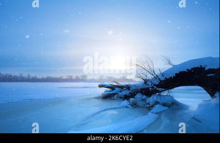Panorama der winterlichen Naturlandschaft bei Sonnenuntergang. Weihnachten Hintergrund Stockfoto